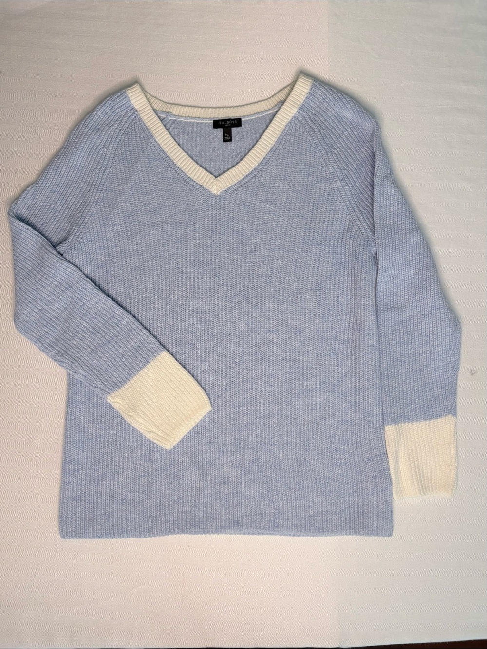 Talbots Light Blue Heather V-Neck Tipped Sweater NWOT